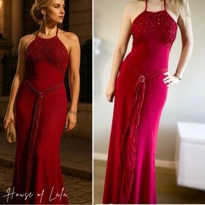 Vintage Red Beaded floor length Dress Trumpet Fit High Neckline, Sleeveless Gown